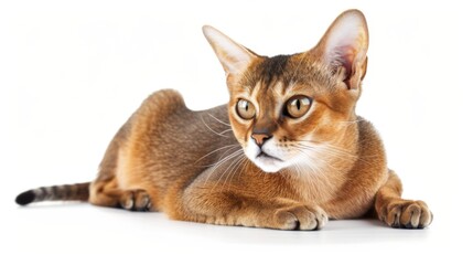 Obraz premium A sleek Abyssinian cat lying on a white backdrop, alert with bright eyes focused ahead, displaying a stunning mix of brown and golden fur and an expressive face.