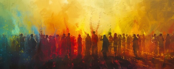 A panoramic image of a Hindu Holi festival with people throwing colored powder and water at each other, celebrating the triumph of good over evil and the arrival of spring.