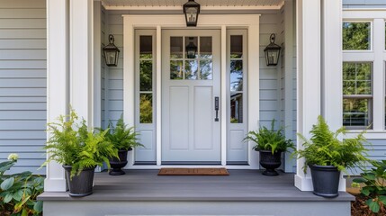 Elegant Front Porch with Potted Ferns and Classic White Door
