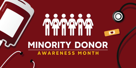 National Minority Awareness Month. Blood, people icon, stethoscope and more. Great for cards, banners, posters, social media and more. Red background.  