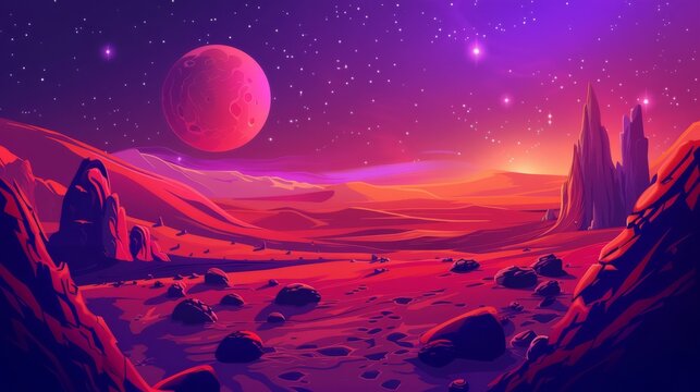 Futuristic space game background with fantasy alien planet, red sand, and mars ground surface landscape featuring rocks, cosmic purple and pink colors ideal for arcade games and sci-fi research enviro