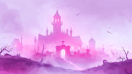 Obraz premium Mysterious fantasy castle surrounded by purple mist and eerie landscape, creating an enchanting and ominous atmosphere.