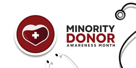 National Minority Awareness Month. Heart, plus icon and stethoscope. Great for cards, banners, posters, social media and more. White background.  