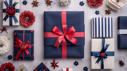 Obraz premium Blue and White Christmas Gift Flat Lay with Red Ribbon and Festive Accents Perfect for Holiday Greetings