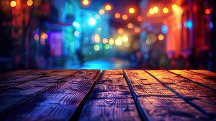 Empty wooden table illuminated by neon bokeh lights on a night view, creating an ethereal atmosphere with blurred background bokeh effects,generative ai
