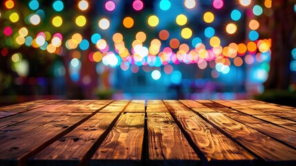 Empty wooden table illuminated by neon bokeh lights on a night view, creating an ethereal atmosphere with blurred background bokeh effects,generative ai