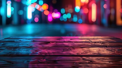 Empty wooden table illuminated by neon bokeh lights on a night view, creating an ethereal atmosphere with blurred background bokeh effects,generative ai