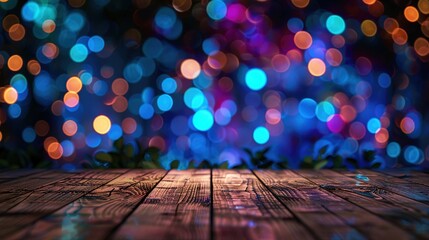 Empty wooden table illuminated by neon bokeh lights on a night view, creating an ethereal atmosphere with blurred background bokeh effects,generative ai