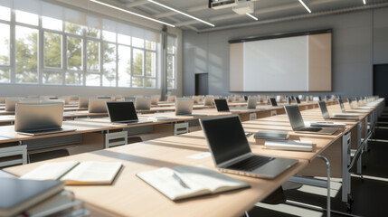 lecture hall with desks filled with open laptops