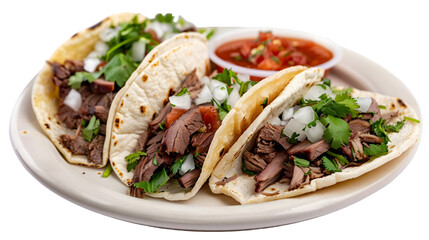  A plate of brisket tacos filled with juicy, smoky brisket, diced onions, and salsa, on a transparent background 