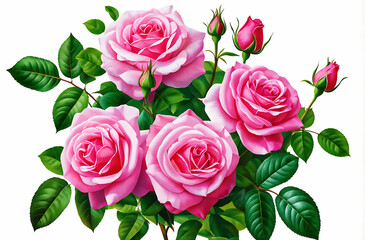 Obraz premium Set of beautiful pink roses with lush green leaves, cut out 