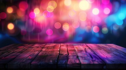 Empty wooden table illuminated by neon bokeh lights on a night view, creating an ethereal atmosphere with blurred background bokeh effects,generative ai