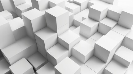 An abstract representation of white cubes forming a 3D geometric pattern with varying depths, providing a sense of spatial complexity and artistic design.