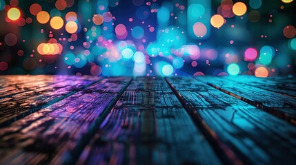 Empty wooden table illuminated by neon bokeh lights on a night view, creating an ethereal atmosphere with blurred background bokeh effects,generative ai
