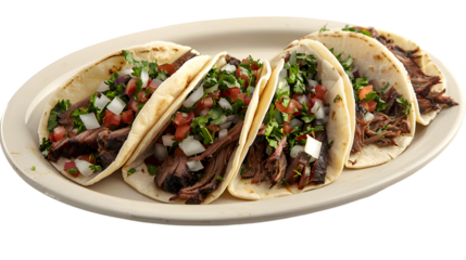 A plate of brisket tacos filled with juicy, smoky brisket, diced onions, and salsa, on a transparent background 