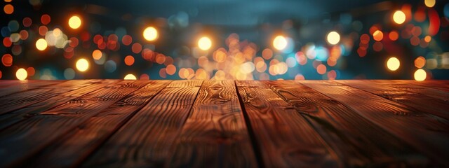 Empty wooden table illuminated by neon bokeh lights on a night view, creating an ethereal atmosphere with blurred background bokeh effects,generative ai