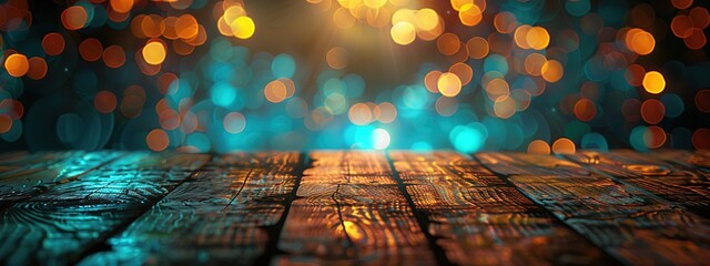 Empty wooden table illuminated by neon bokeh lights on a night view, creating an ethereal atmosphere with blurred background bokeh effects,generative ai