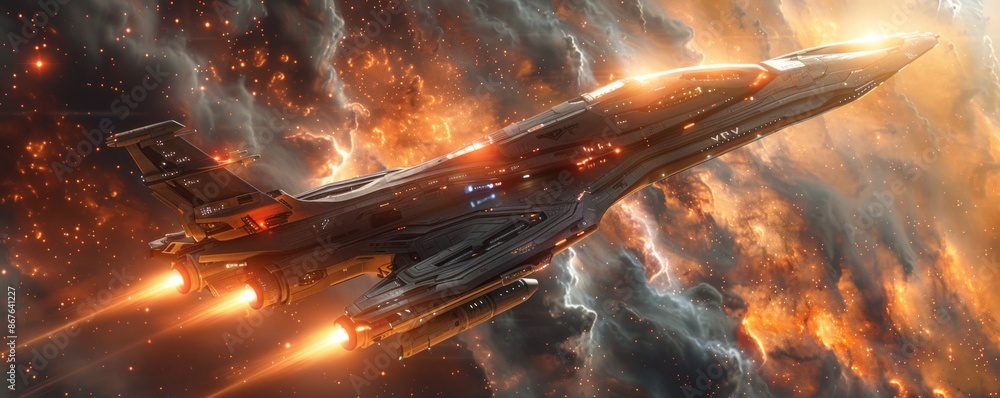 Poster a photorealistic depiction of a sleek spaceship soaring through a nebula, its engines glowing and it