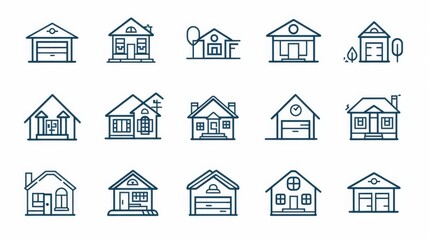 Fototapeta premium A series of minimalist house icons in a clean and simple line-art style, representing a variety of home structures and architectural designs. Perfect for real estate branding.