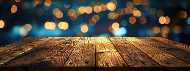 Empty wooden table illuminated by neon bokeh lights on a night view, creating an ethereal atmosphere with blurred background bokeh effects,generative ai