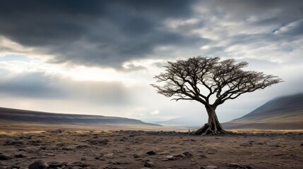 Fototapeta premium Lone tree in a vast desert landscape under dramatic sky.