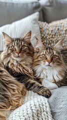 Two Maine Coon Cats Together on a Cozy Couch
