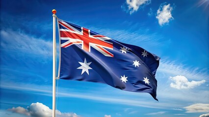 Australian flag blowing in the wind against a blue sky background, Australia, flag, wind, patriotic, symbol, fluttering, national, sky