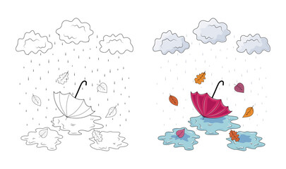 Autumn illustration with umbrella and rain, coloring page.