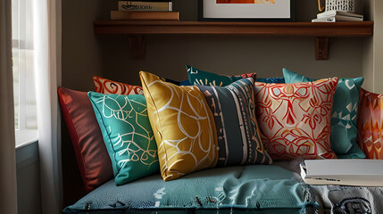 Create an illustration of a cozy reading nook filled with a bunch of colorful, patterned pillows