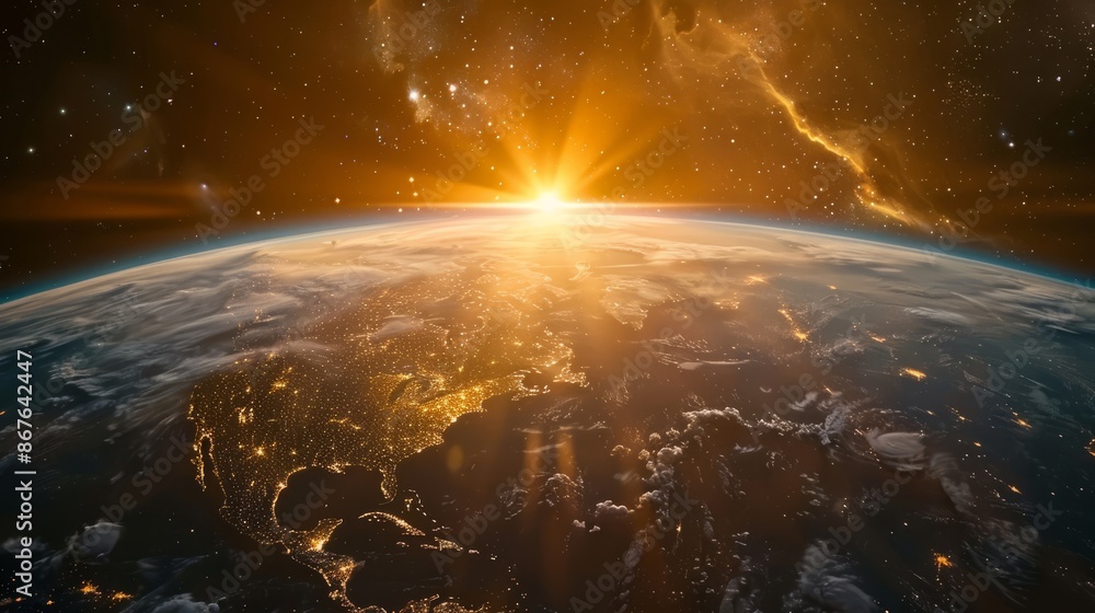 Wall mural sunlight ascending over earth in outer space - majestic view of solar rays illuminating planet earth