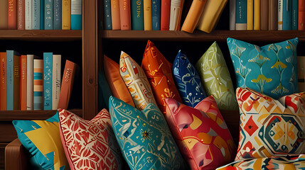 Create an illustration of a cozy reading nook filled with a bunch of colorful, patterned pillows