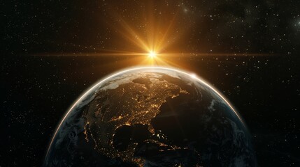 Obraz premium Sunlight ascending over earth in outer space - majestic view of solar rays illuminating planet earth with brilliant glow and radiance, cosmic landscape concept for astronomy and space exploration them