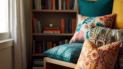 Create an illustration of a cozy reading nook filled with a bunch of colorful, patterned pillows