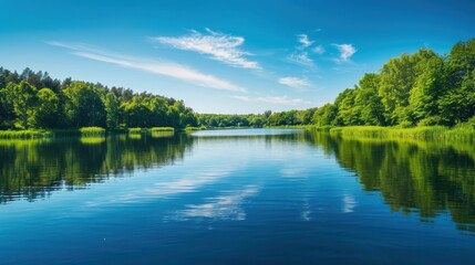 Obraz premium Serene Reflections: Clear Blue Sky and Lush Green Trees Mirrored in Tranquil Lake on Sunny Day