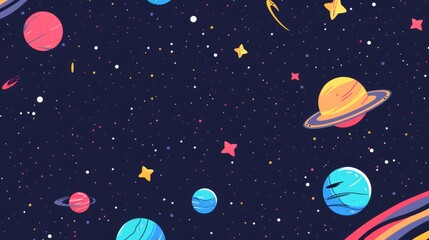 Vector flat space design background featuring small elements including stars, planets, asteroids, and nebulae on a deep blue galactic backdrop - perfect for sci-fi themes, outer space adventures, and 