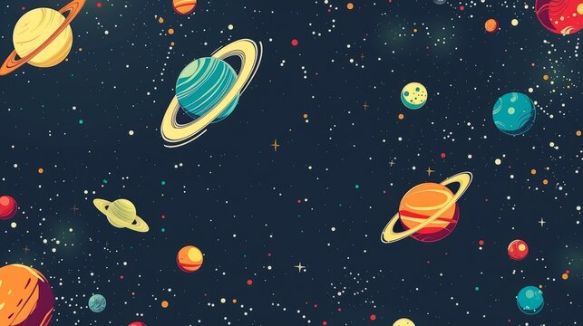 Vector flat space design background featuring small elements including stars, planets, asteroids, and nebulae on a deep blue galactic backdrop - perfect for sci-fi themes, outer space adventures, and 