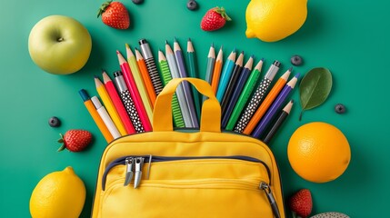 Colorful Arrangement of School Supplies and Fruits on Green Background