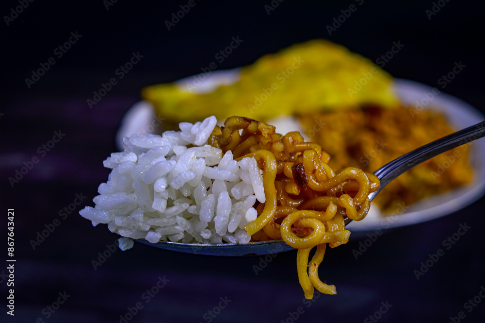 Sticker Plates of rice and instant noodles on a black background. Unhealthy combination of carbohydrates.