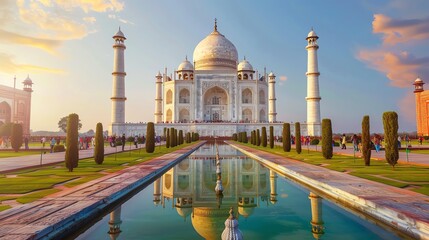 Fototapeta premium The Taj Mahal at sunset with a reflection in the water.