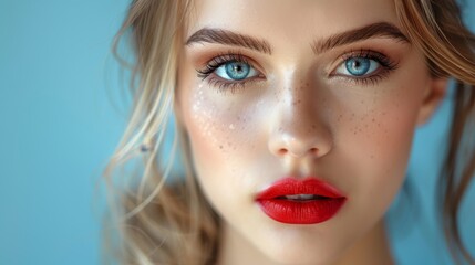 Fototapeta premium Stunning woman with professional makeup, radiant skin, and bold lips, close-up portrait showcasing her beauty and fashion sense.