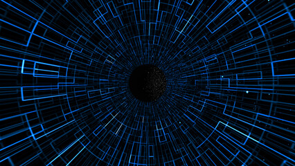 Neon wormhole in dark space.glowing wireframe tunnel. Fractal Disc series.