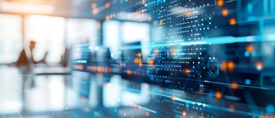 Abstract digital interface in a modern office setting with code and data overlays, showcasing technology and innovation in a professional environment.