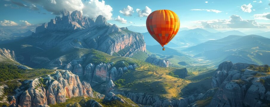 An adventurous expedition in a hot air balloon over fantastical landscapes and mountains.