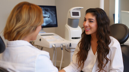 Obraz premium Laser hair removal consultation, discussing treatment plan, client and technician interaction