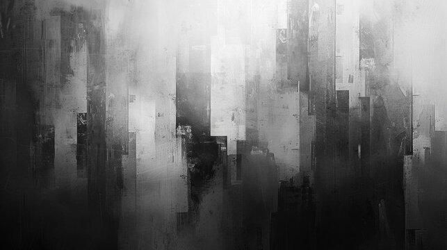 Abstract grayscale cityscape painting with geometric shapes and varying shades, creating a modern and moody urban atmosphere.