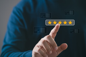 A person giving a five-star rating by touching a digital screen. Concept of excellent service,...