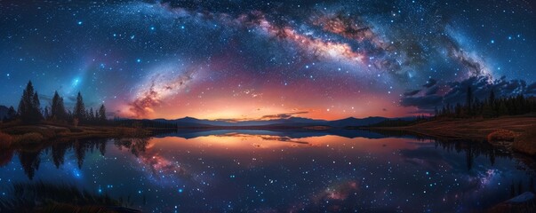 A starlit sky reflected in a still lake, the Milky Way stretching across the heavens, creating a...