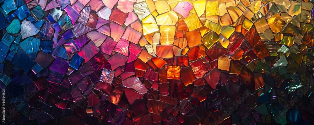 Poster a mosaic pattern made up of tiny pieces of colored glass, reflecting the light in a dazzling display