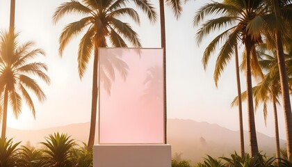 streamlined white podium or display stand taking up the majority of the frame, with a picturesque tropical panorama of waving palm trees and verdant, jungle-like flora in the distant background