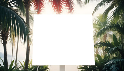 streamlined white podium or display stand taking up the majority of the frame, with a picturesque tropical panorama of waving palm trees and verdant, jungle-like flora in the distant background